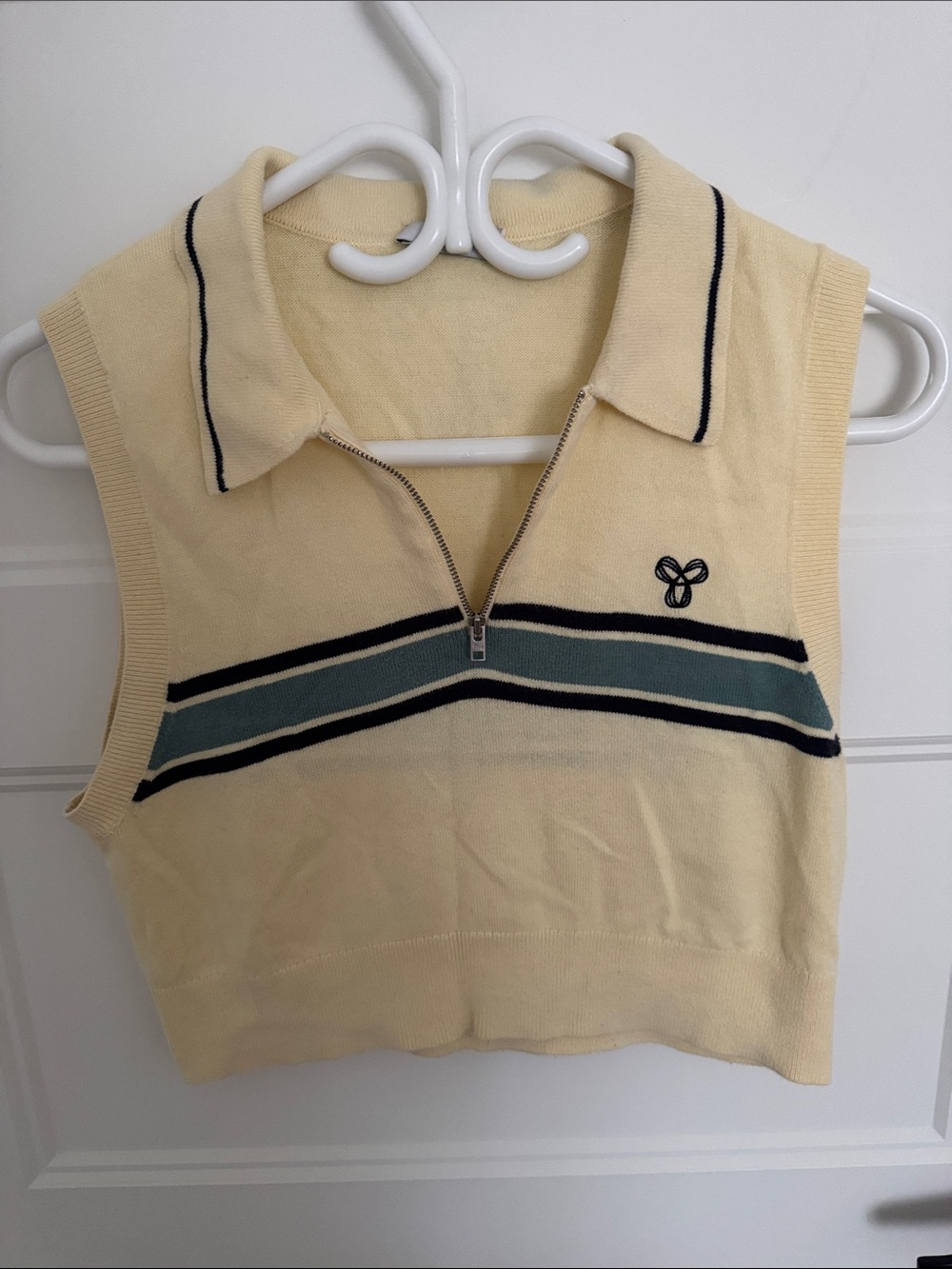 Aritzia Sleeveless Zip Polo Tank in Cream with Teal & Black Stripes